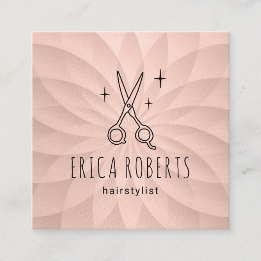 美容師かわいいシザー赤面ピンクスパイラル スクエア名刺 (正面)
