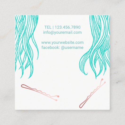 美容師かわいいティール（緑がかった色）ヘアガール美しいサロン スクエア名刺 (裏面)