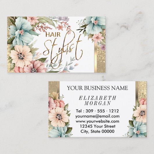 美容師かわいらしフローラグリッター 名刺 (正面/裏面)