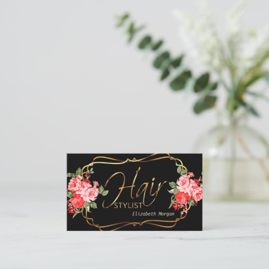 美容師が黒く美しい赤フローラ 名刺 (スタンド正面)