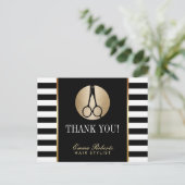 美容師のはさみロゴ モダンなストライプ ありがとう ポストカード (スタンド正面)