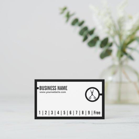 美容師のサロンのミニマルなボーダーロイヤリティの穿孔器 ロイヤリティカード (スタンド正面)