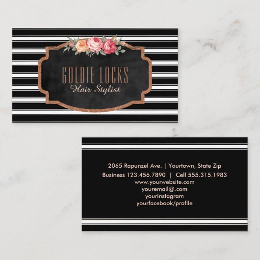 美容師のサロン|のストライプのばら色の金ゴールドのピンクの花柄 名刺 (正面/裏面)