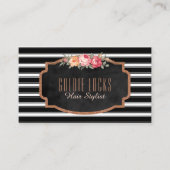 美容師のサロン|のストライプのばら色の金ゴールドのピンクの花柄 名刺 (正面)