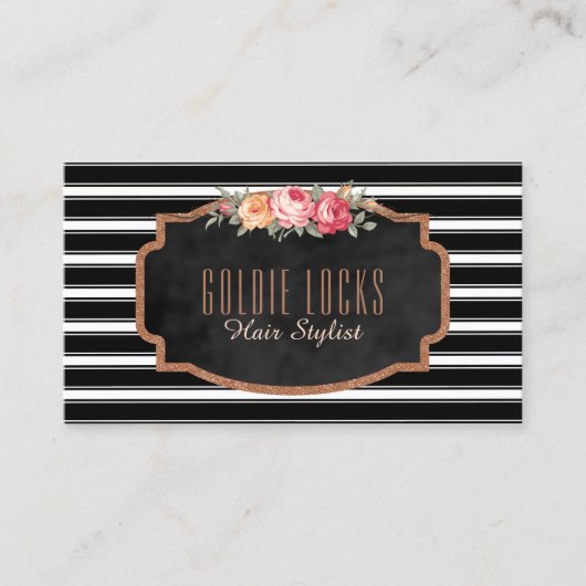 美容師のサロン|のストライプのばら色の金ゴールドのピンクの花柄 名刺 (正面)