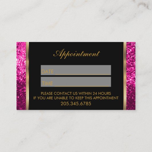 美容師のショッキングピンクの金ゴールドのグリッターのアポイントメント 予約カード (裏面)