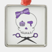 美容師のスカルは及び骨が交差した図形-紫色--を切ります メタルオーナメント (正面)