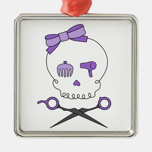 美容師のスカルは及び骨が交差した図形-紫色--を切ります メタルオーナメント (正面)