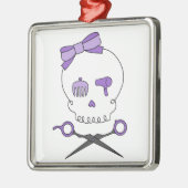 美容師のスカルは及び骨が交差した図形-紫色--を切ります メタルオーナメント (左)