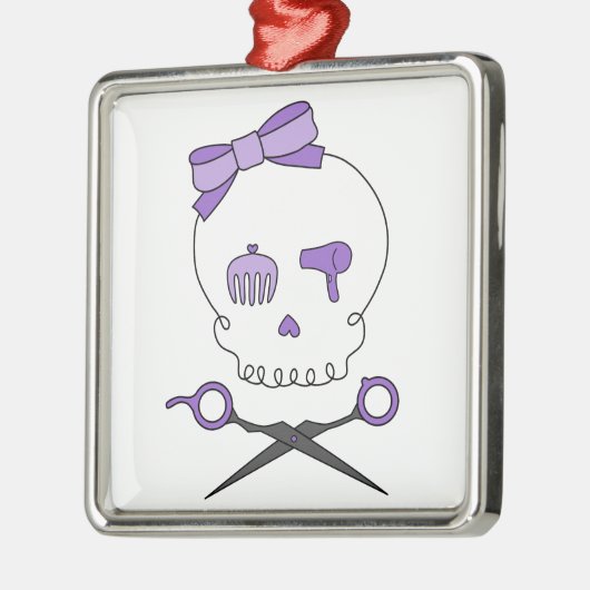 美容師のスカルは及び骨が交差した図形-紫色--を切ります メタルオーナメント (左)