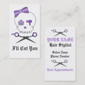 美容師のスカルは及び骨が交差した図形-紫色--を切ります 予約カード (正面/裏面)