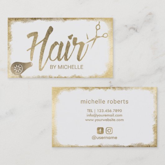 美容師のタイポグラフィの金ゴールドグランジなフレームのサロン 名刺 (正面/裏面)