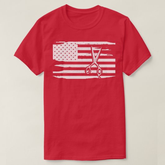 美容師のヘアドライザーシザーアメリカ国旗 Tシャツ (デザイン正面)