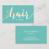 美容師のペーパータイポグラフィのティール（緑がかった色）の美容院 名刺 (正面/裏面)
