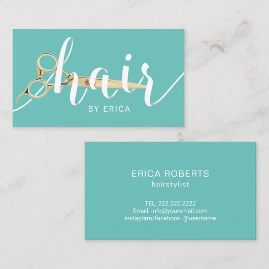 美容師のペーパータイポグラフィのティール(緑がかった色)の美容院 名刺 (正面/裏面)