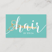 美容師のペーパータイポグラフィのティール(緑がかった色)の美容院 名刺 (正面)