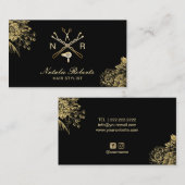 美容師のモダンなサロンのロゴの黒及び金ゴールドの花柄 名刺 (正面/裏面)