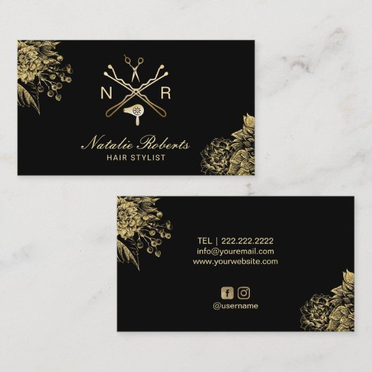 美容師のモダンなサロンのロゴの黒及び金ゴールドの花柄 名刺 (正面/裏面)