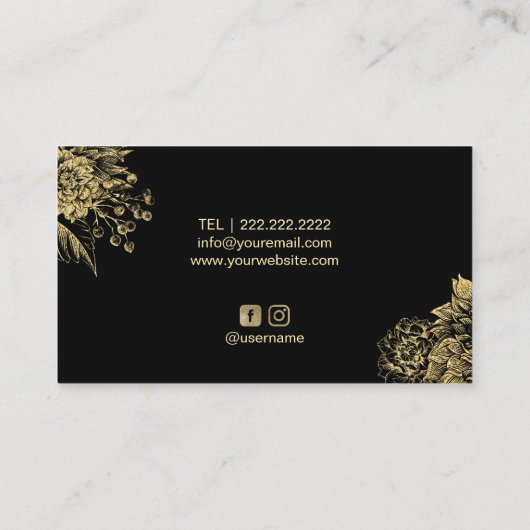 美容師のモダンなサロンのロゴの黒及び金ゴールドの花柄 名刺 (裏面)