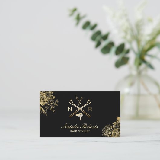 美容師のモダンなサロンのロゴの黒及び金ゴールドの花柄 名刺 (スタンド正面)