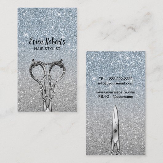 美容師のモダンな挨りだらけの青い及び銀製のグリッター 名刺 (正面/裏面)