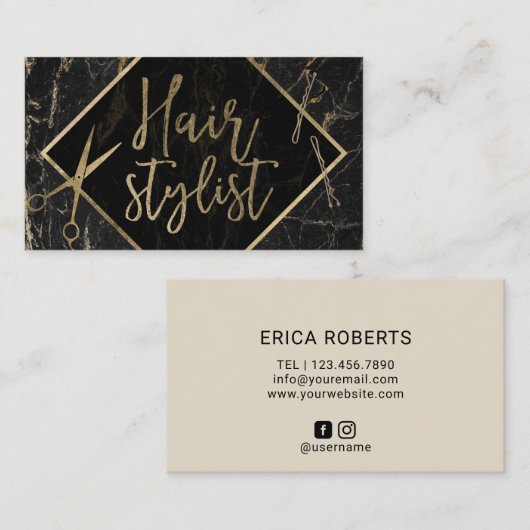 美容師のモダンな金ゴールドの原稿のモダンの大理石 名刺 (正面/裏面)