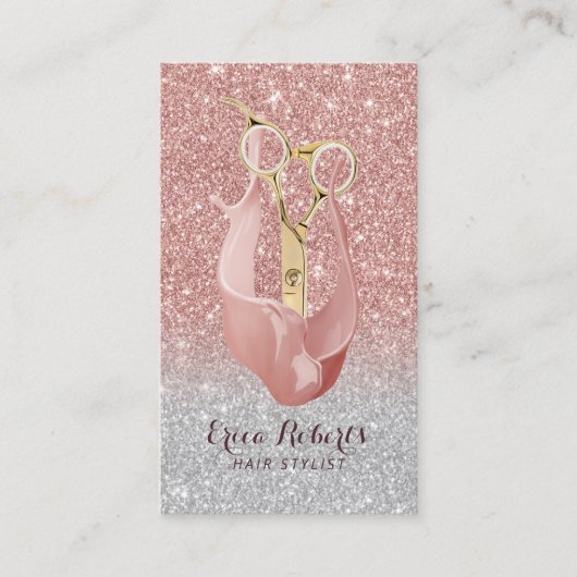 美容師のモダンのばら色の金ゴールドの銀のグラデーションなサロン 名刺 (正面)