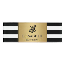 美容師のロゴの上品な金ゴールドの白黒のストライプ 名札