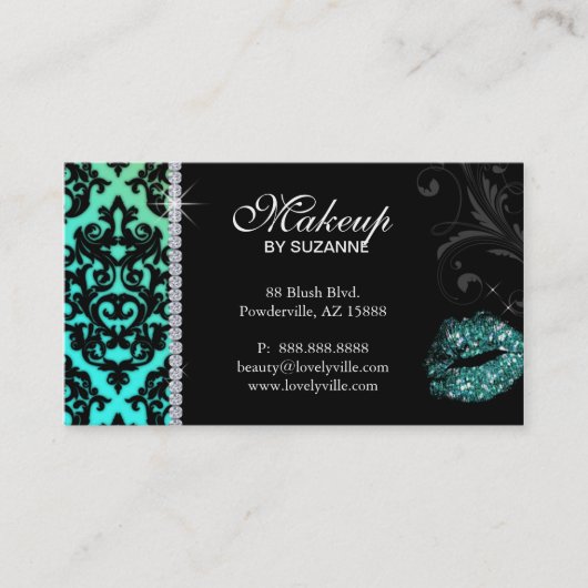 美容師の名刺のダマスク織のグリッターのティール（緑がかった色） 名刺 (正面)