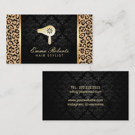 美容師の打撃のドライヤーのロゴのモダンなヒョウのプリント 名刺 (正面/裏面)