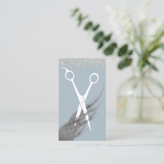 美容師の挨りだらけの青い及び銀製のグリッターのサロン 名刺 (スタンド正面)