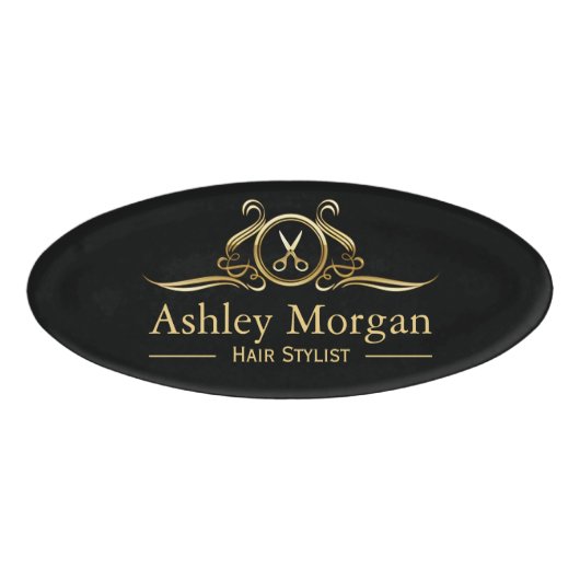 美容師の毛の切口の贅沢な金ゴールドのはさみのロゴ 名札 (正面)