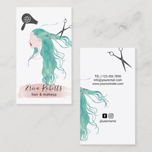 美容師の水彩画の美しいの女の子のティール（緑がかった色）の毛 名刺 (正面/裏面)
