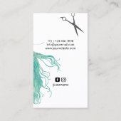 美容師の水彩画の美しいの女の子のティール（緑がかった色）の毛 名刺 (裏面)