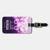 美容師の紫色のきらめくおよびグリッターのはさみ ラゲッジタグ (正面横)