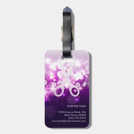 美容師の紫色のきらめくおよびグリッターのはさみ ラゲッジタグ (裏面縦)