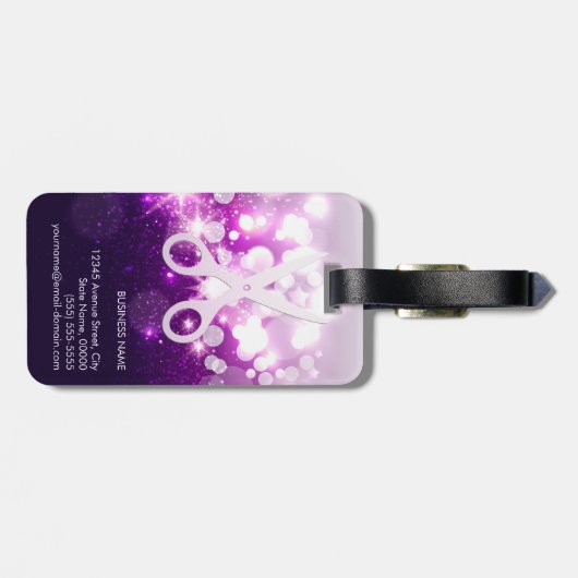 美容師の紫色のきらめくおよびグリッターのはさみ ラゲッジタグ (裏面横)