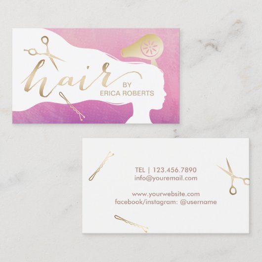 美容師の美しいの女の子のエレガントな水彩画のサロン 名刺 (正面/裏面)