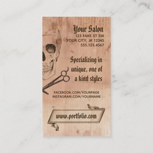 美容師の美容師の理容師のスカルのパンクのヴィンテージ 名刺 (裏面)