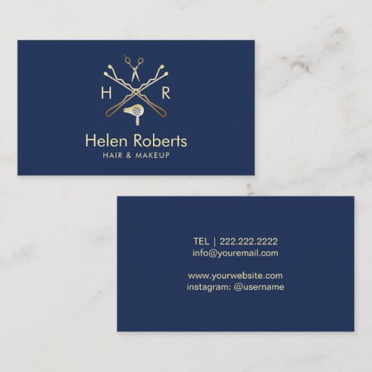 美容師の美容院のロゴのモダンな海軍及び金ゴールド 名刺 (正面/裏面)