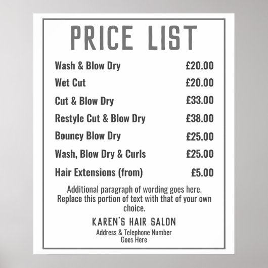 美容師の髪のサロン価格表ポスター ポスター (正面)