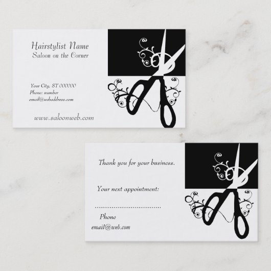美容師の魔法の渦巻の白黒は切ります 予約カード (正面/裏面)