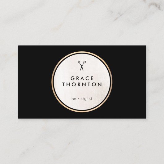 美容師はさみモダン白黒円 名刺 (正面)