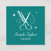 美容師はさみ理容師ティール（緑がかった色）カスタム スクエア名刺 (正面)