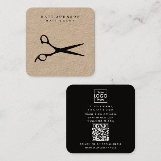 美容師はさみ理容師QRコードビジネスロゴ スクエア名刺 (正面/裏面)