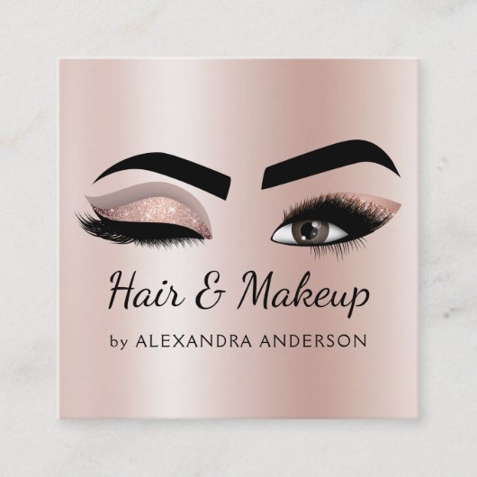 美容師まつ毛まつげグリッターバラ金ゴールドピンク スクエア名刺 (正面)