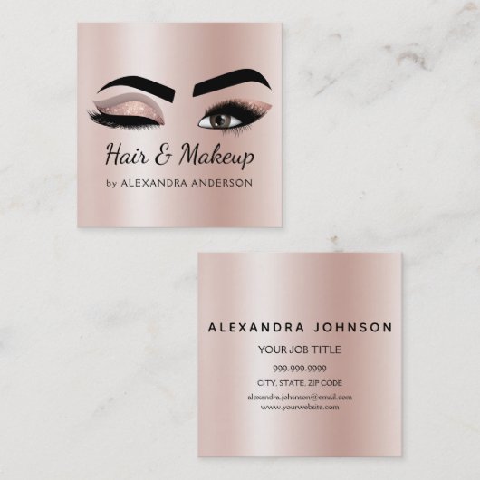 美容師まつ毛まつげグリッターバラ金ゴールドピンク スクエア名刺 (正面/裏面)