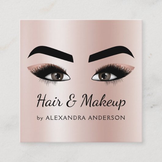 美容師まつ毛まつげ赤面ピンクローズ金ゴールド スクエア名刺 (正面)