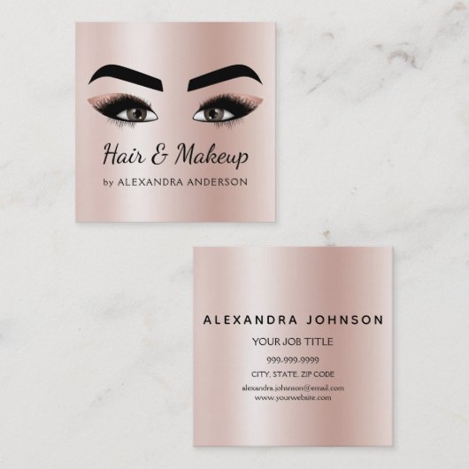 美容師まつ毛まつげ赤面ピンクローズ金ゴールド スクエア名刺 (正面/裏面)