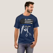 美容師アメリカ国旗のハート薄い青い線 Tシャツ (正面フル)